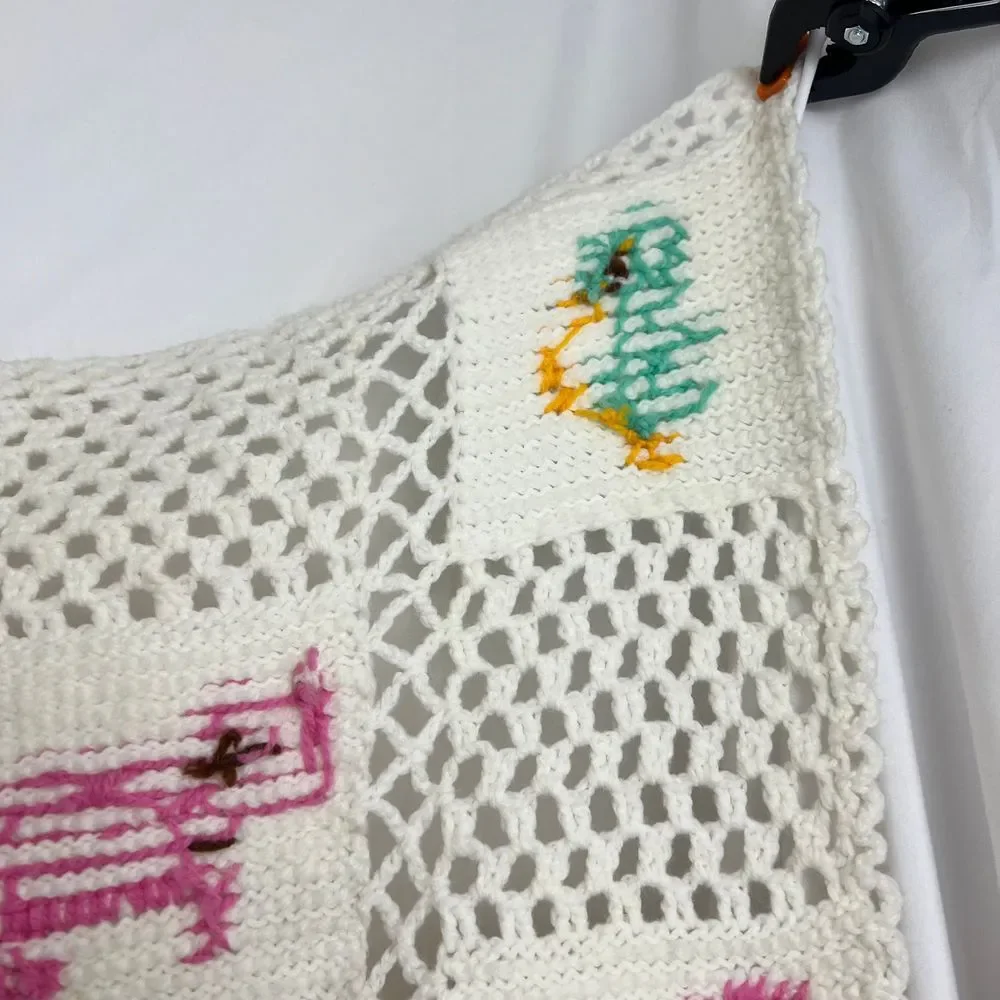 Vtg Handmade‎ Crotchet Baby Blanket W/ Animal Cross Stitch Pattern Nursery Decor